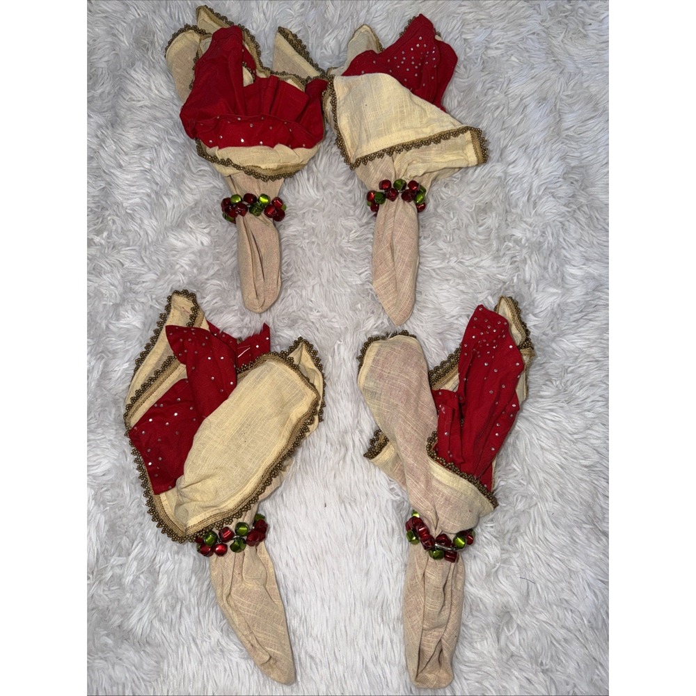 Christmas Napkin Set of 4 Red Cream Rhinestone Beaded Trim Jingle Bell Rings